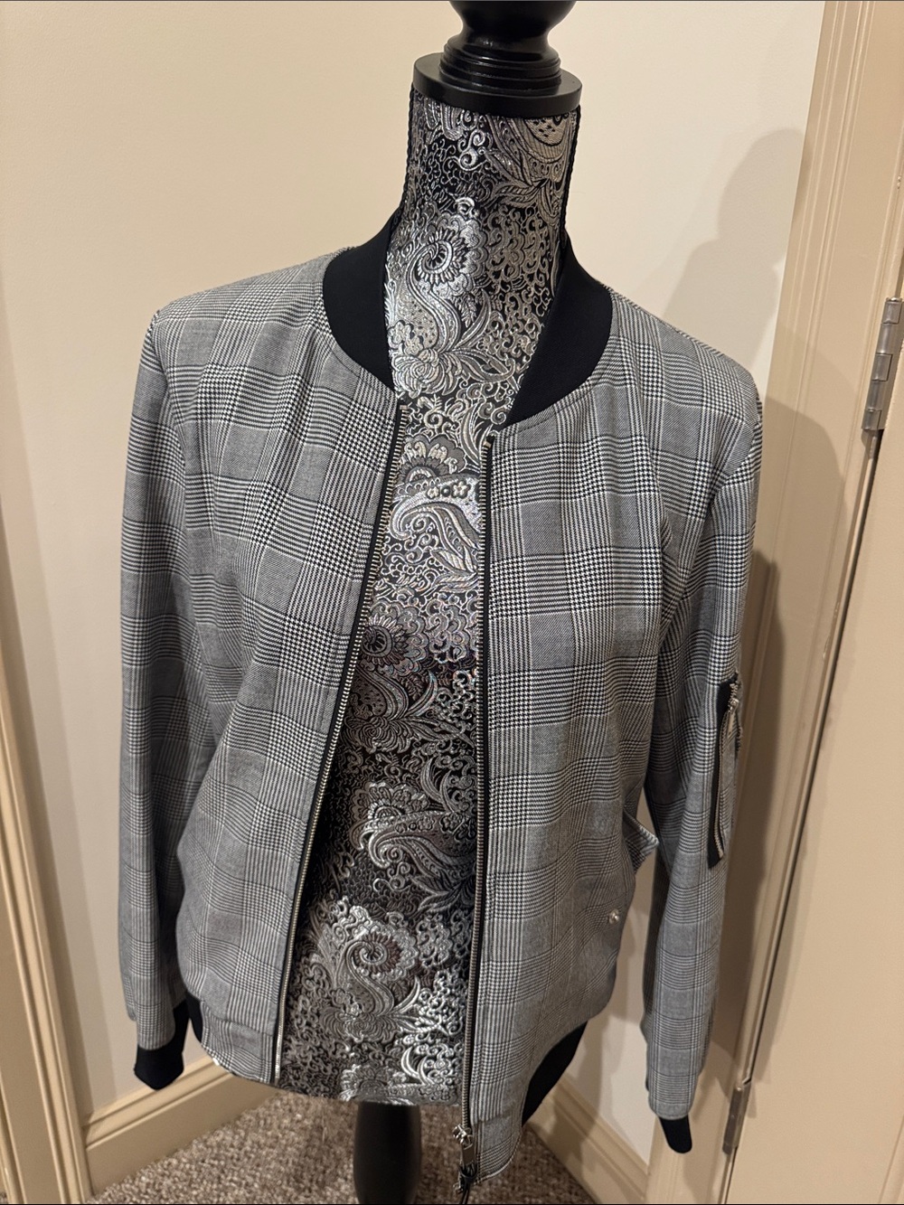DKNY Gray Glen Plaid Bomber Jacket with Black Trim